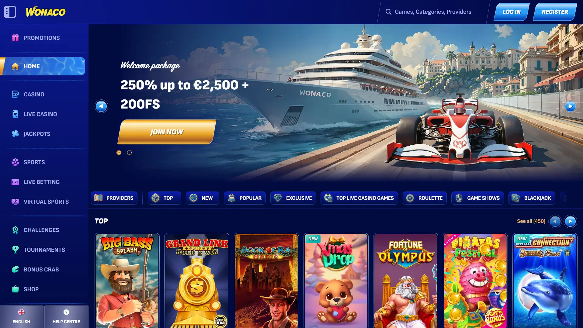Wonaco Casinon kotisivu ja ylellinen tervetuliaispaketti.